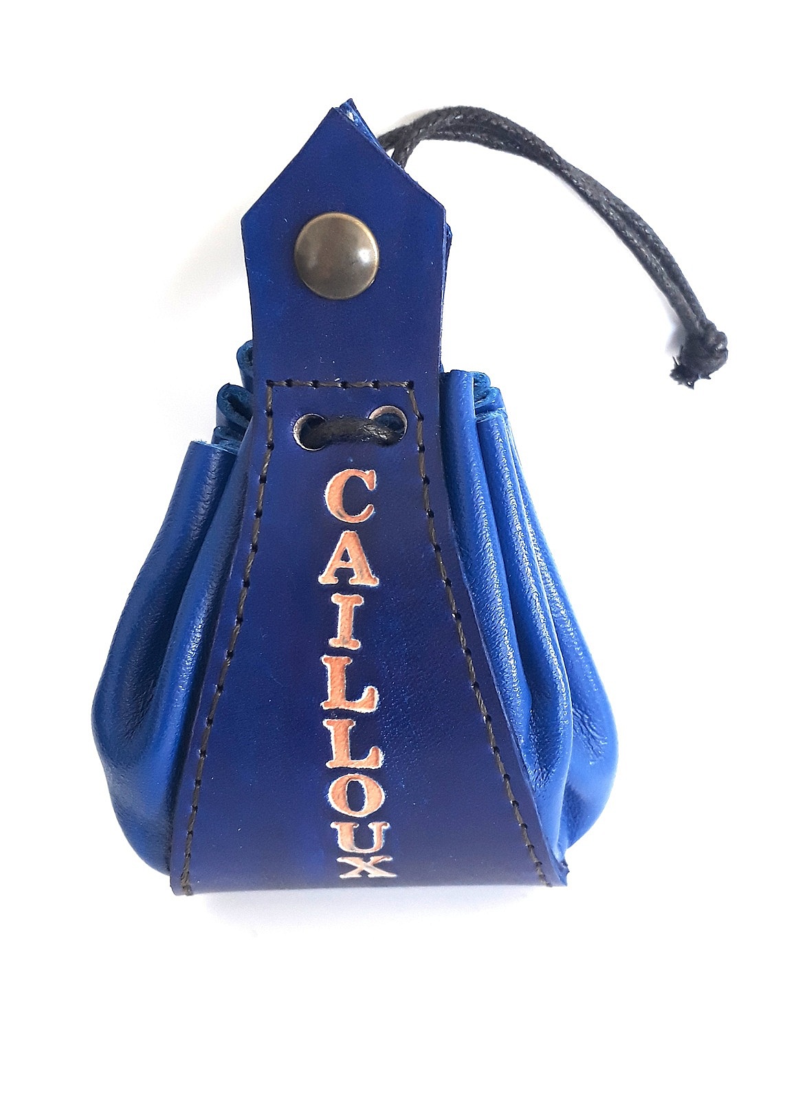 Bourse en cuir bleu personnalisée avec le prénom Cailloux.